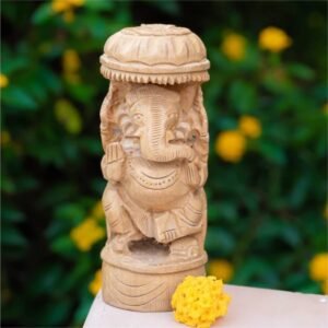 Kadam Wood Carved Round Shaped Lord Ganesh With Umbrella